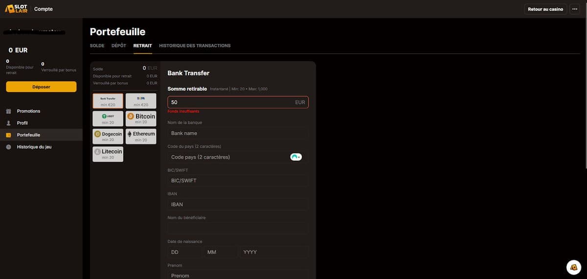 Retrait SlotLair Casino