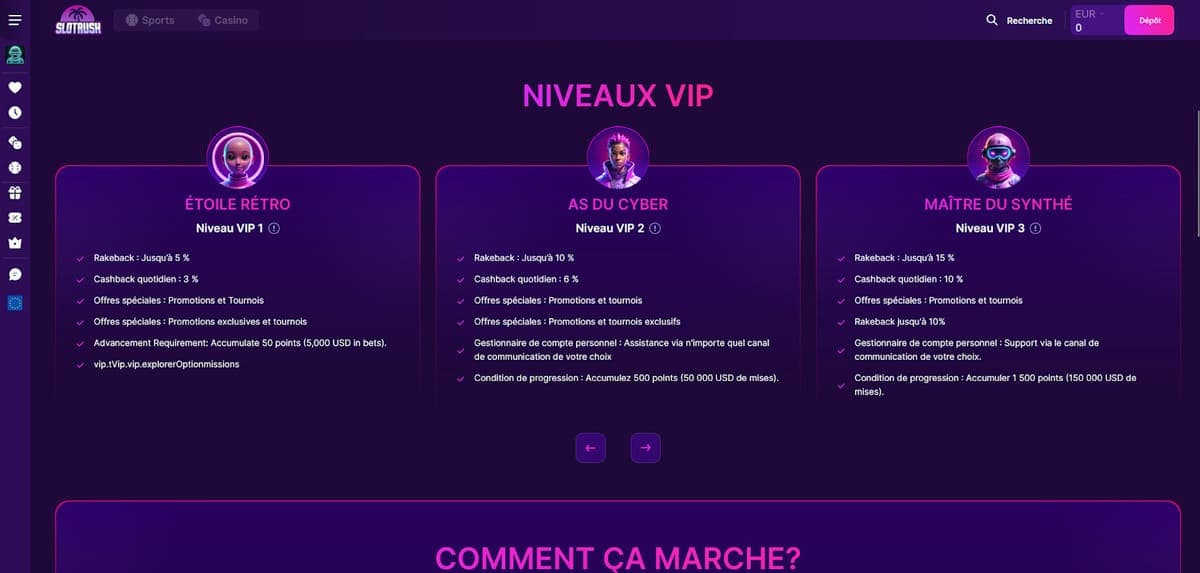 Niveaux VIP Slotrush Casino