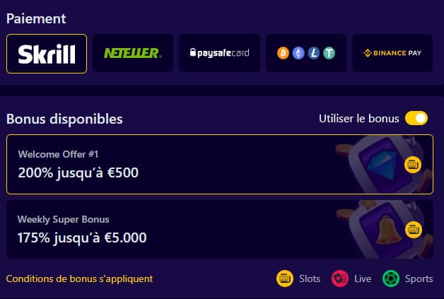 Dépôt sur Slottio casino