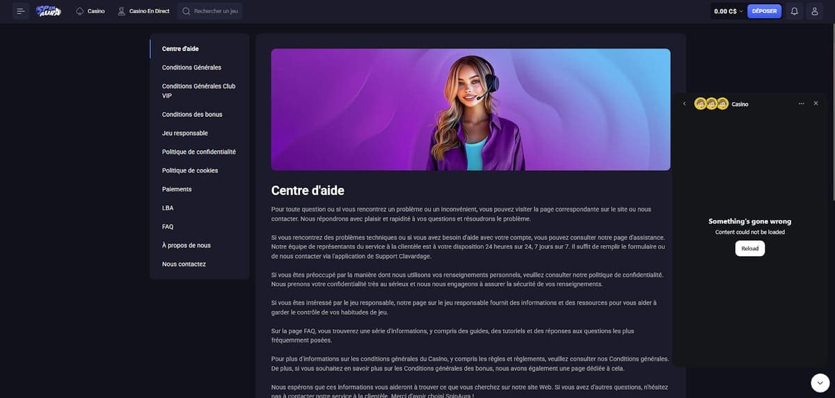 Service client Spin Aura Casino