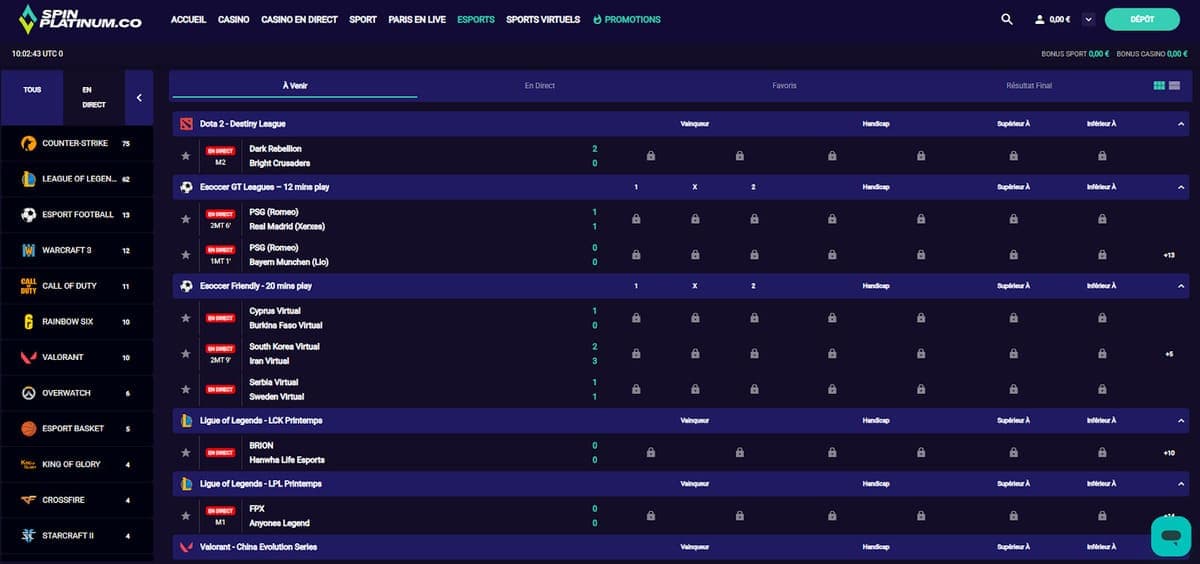 E-sports Spin Platinum Casino