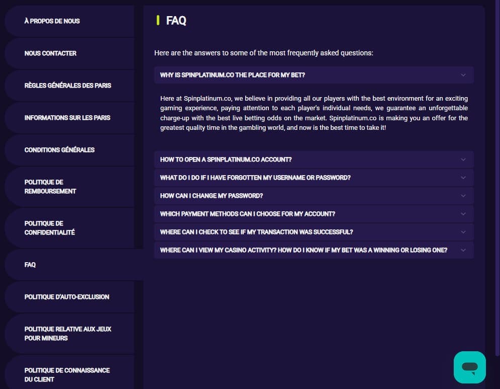 FAQ Spin Platinum Casino