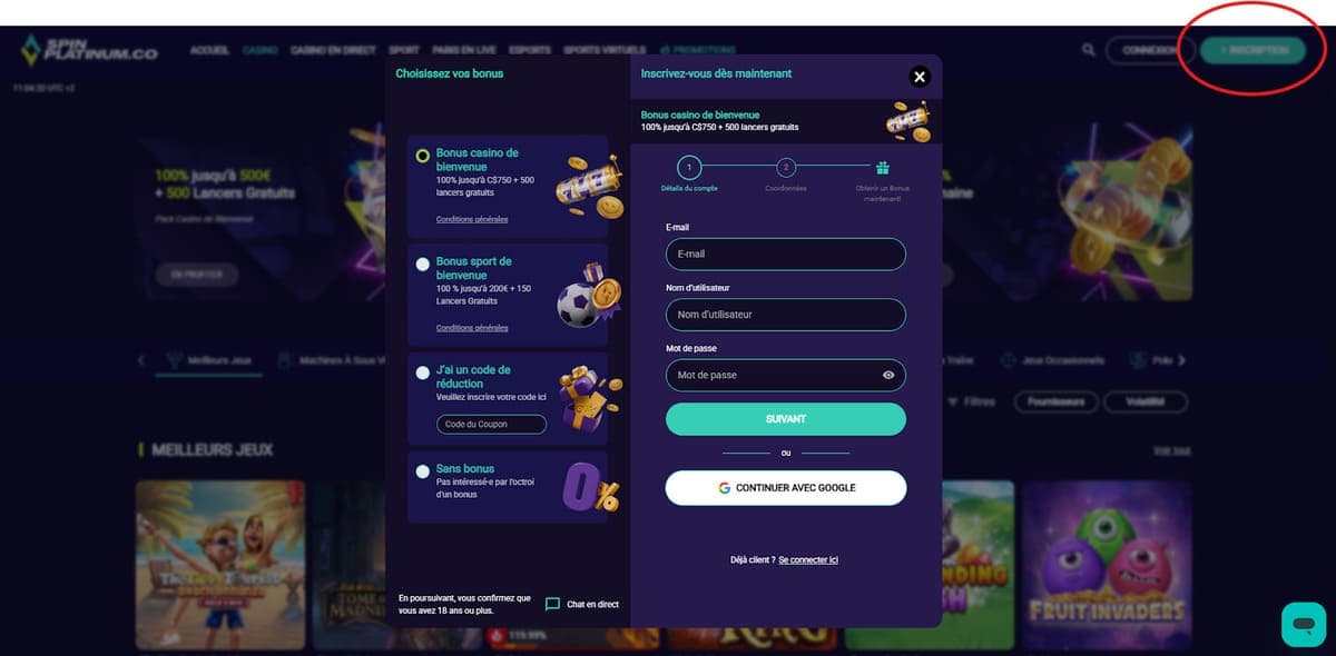 Inscription Spin Platinum Casino