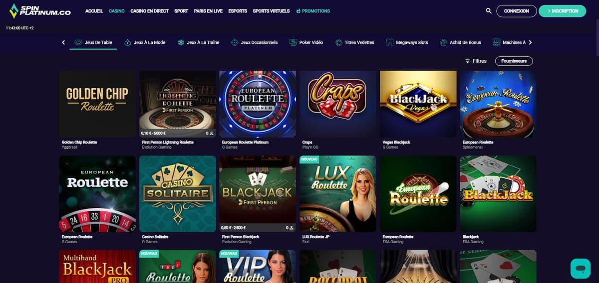 Jeux de table Spin Platinum Casino