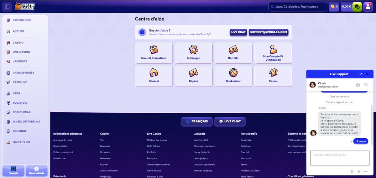 Service client Spinbara Casino