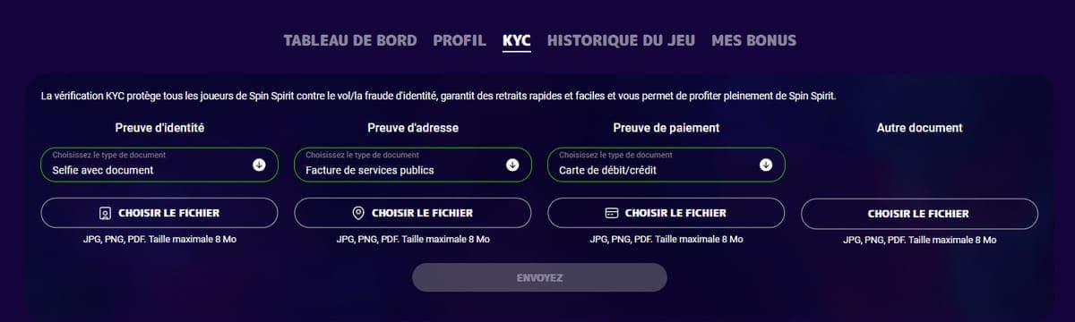 Vérification KYC SpinSpirit