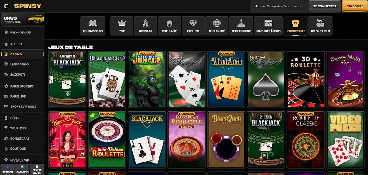 Jeux de table Spinsy Casino