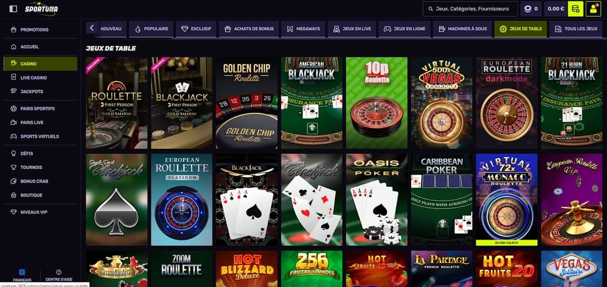 Jeux de table Sportuna Casino