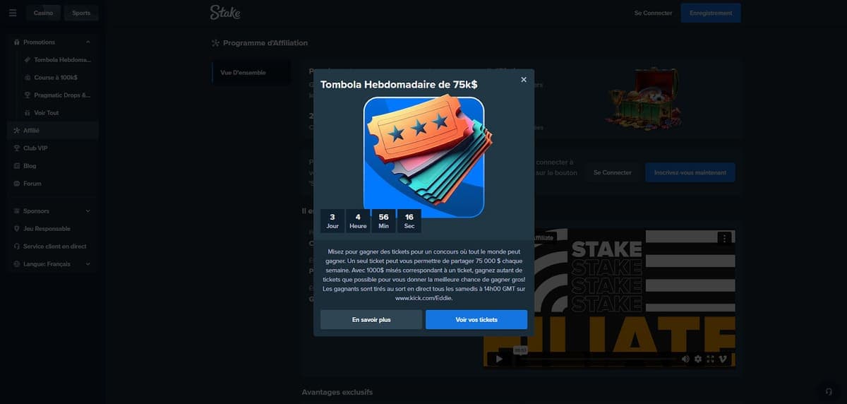 Tombola hebdomadaire Stake Casino
