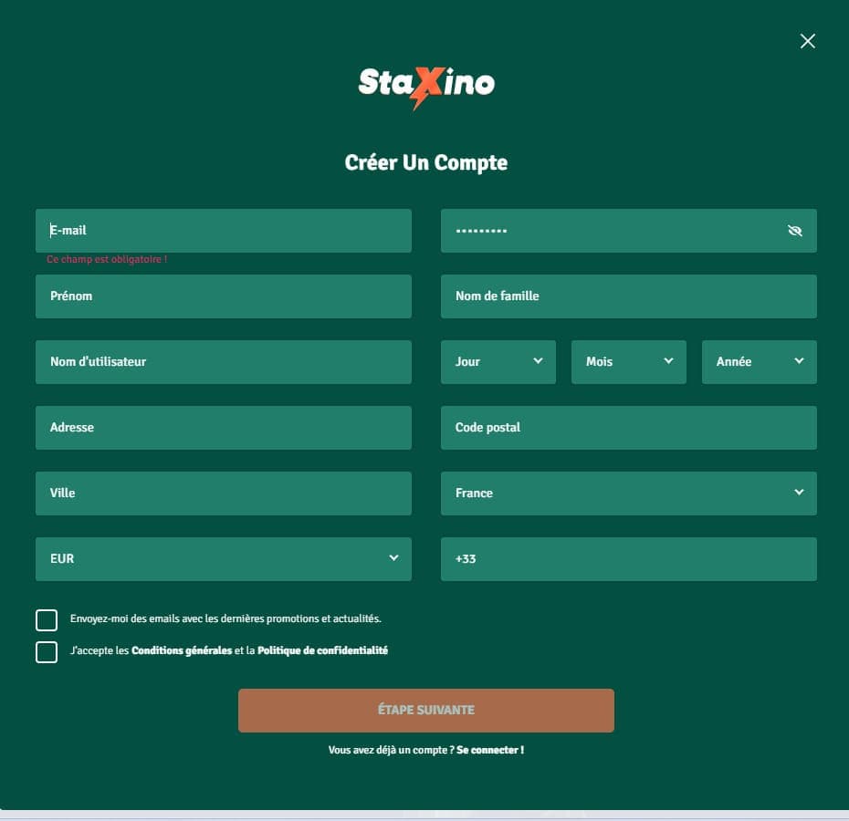 Créer un compte sur StaXino casino