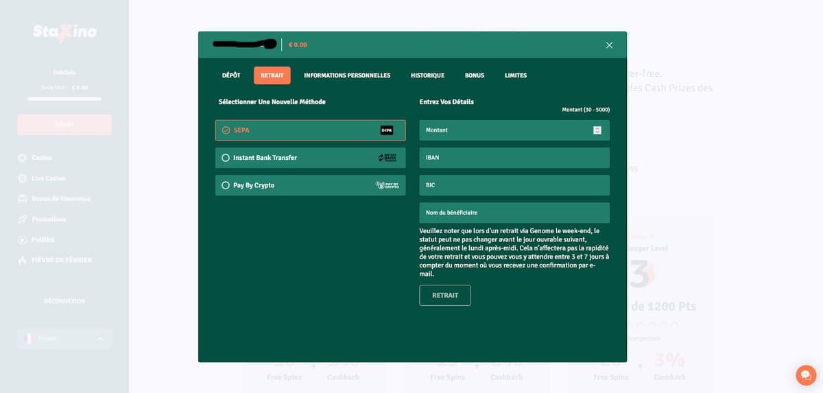 Retrait StaXino Casino