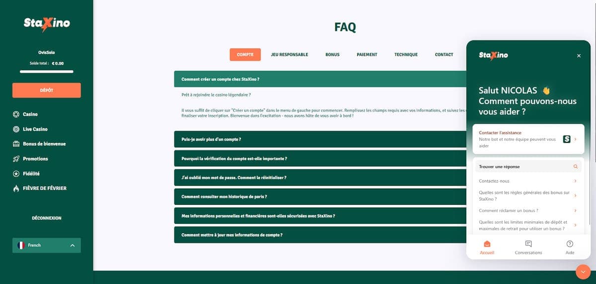 Service client StaXino Casino