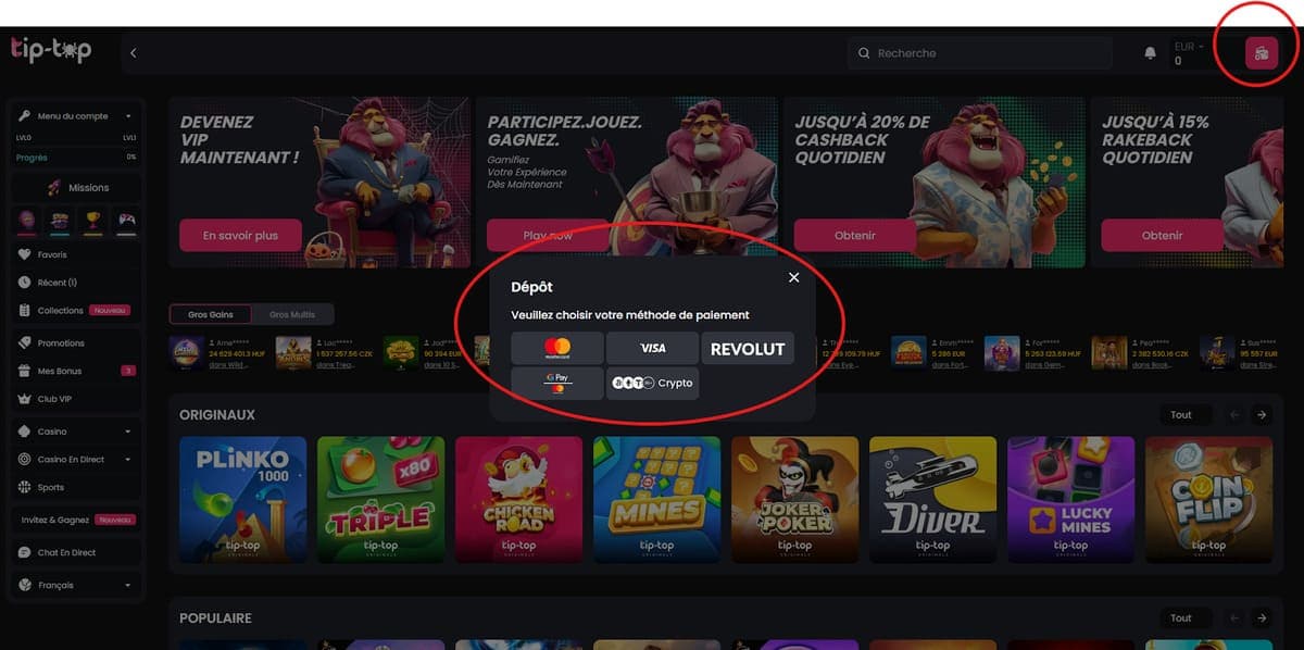 Dépôt Tip Top Bet Casino