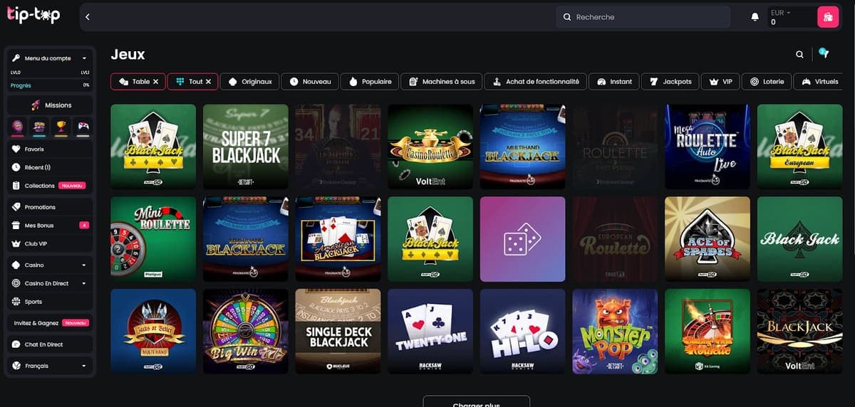 Jeux de table Tip Top Bet Casino