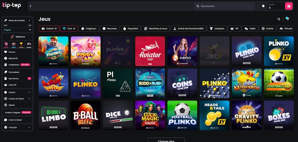 Mini jeux Tip Top Bet Casino