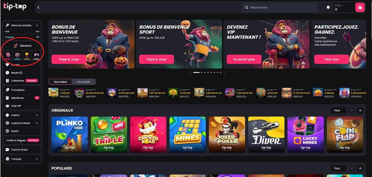 Missions Tip Top Bet Casino