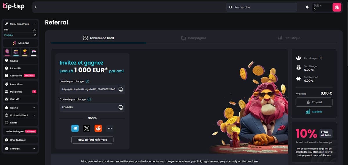 Parrainage Tip Top Bet Casino