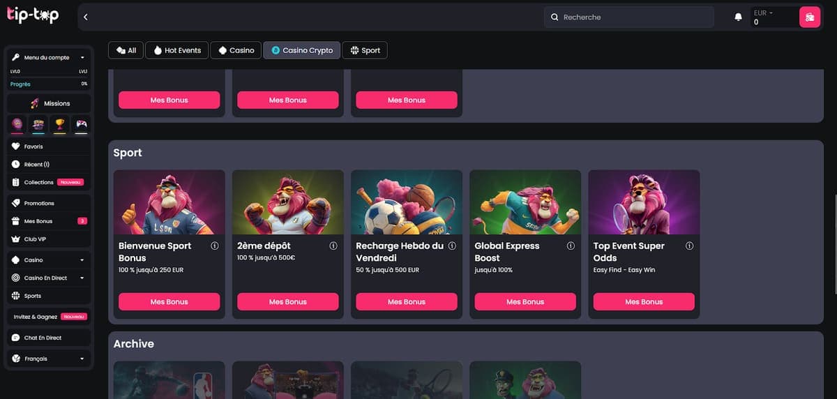 Promos sportives Tip Top Bet Casino