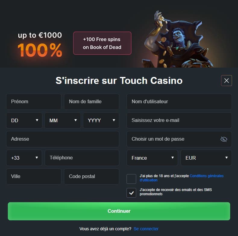 Créer un compte Touch casino