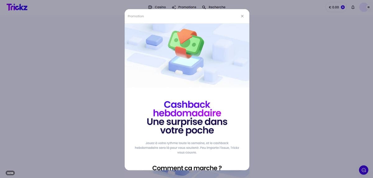 Cashback hebdomadaire Trickz Casino