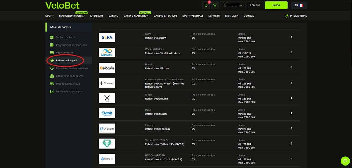 Retrait Velobet Casino