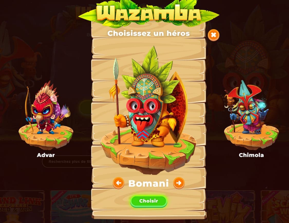 Choix héros Wazamba casino