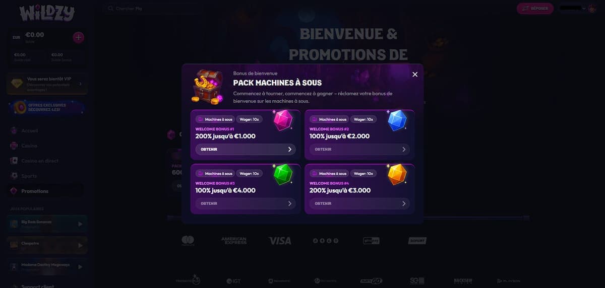 Bonus bienvenue Wildzy Casino