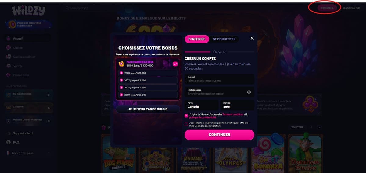 Inscription Wildzy Casino