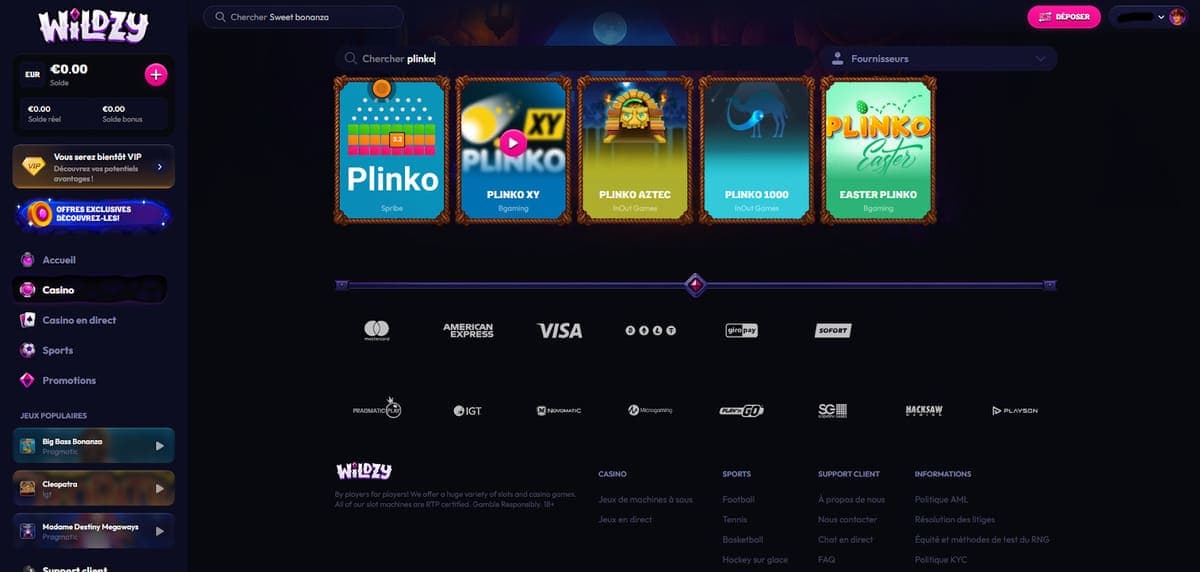 Mini jeux Wildzy Casino
