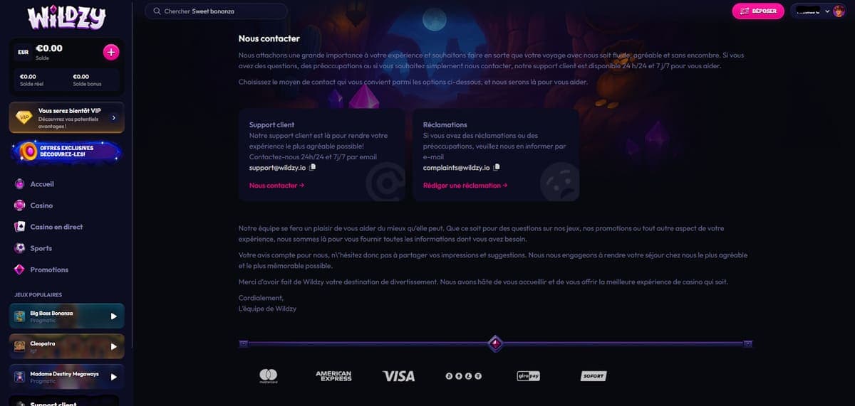 Nous contacter Wildzy Casino