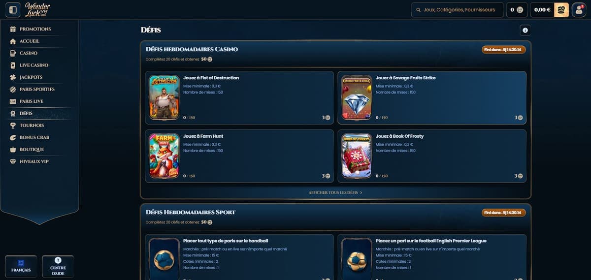 Défis Wonder Luck Casino