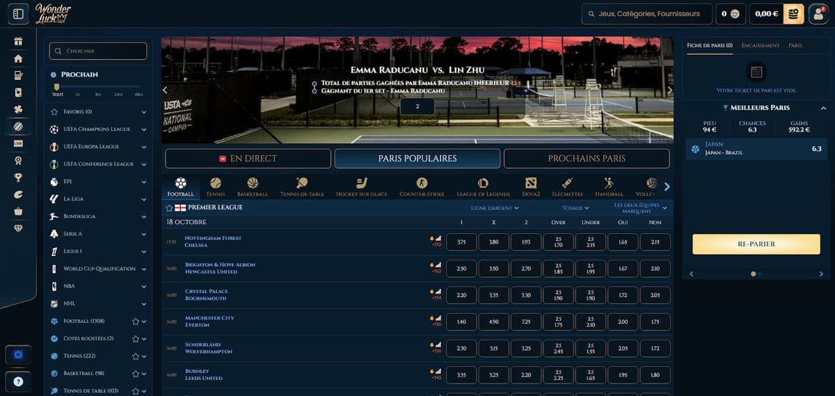 Paris sportifs Wonder Luck Casino