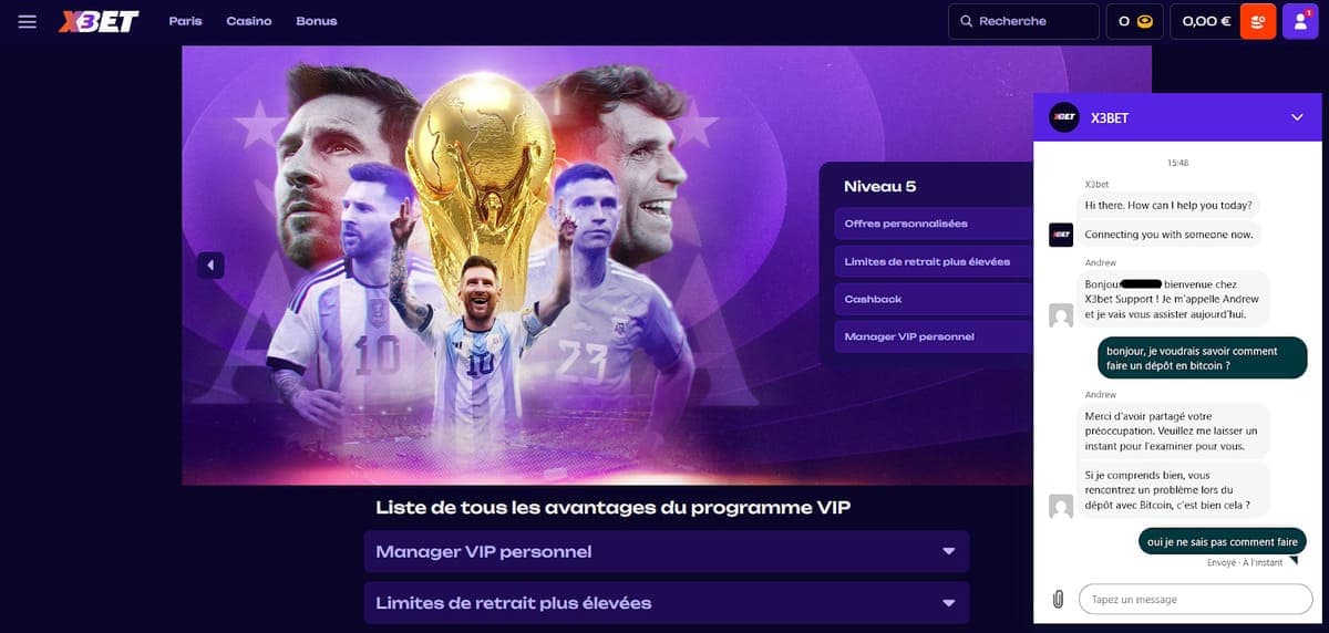 Service client X3Bet Casino