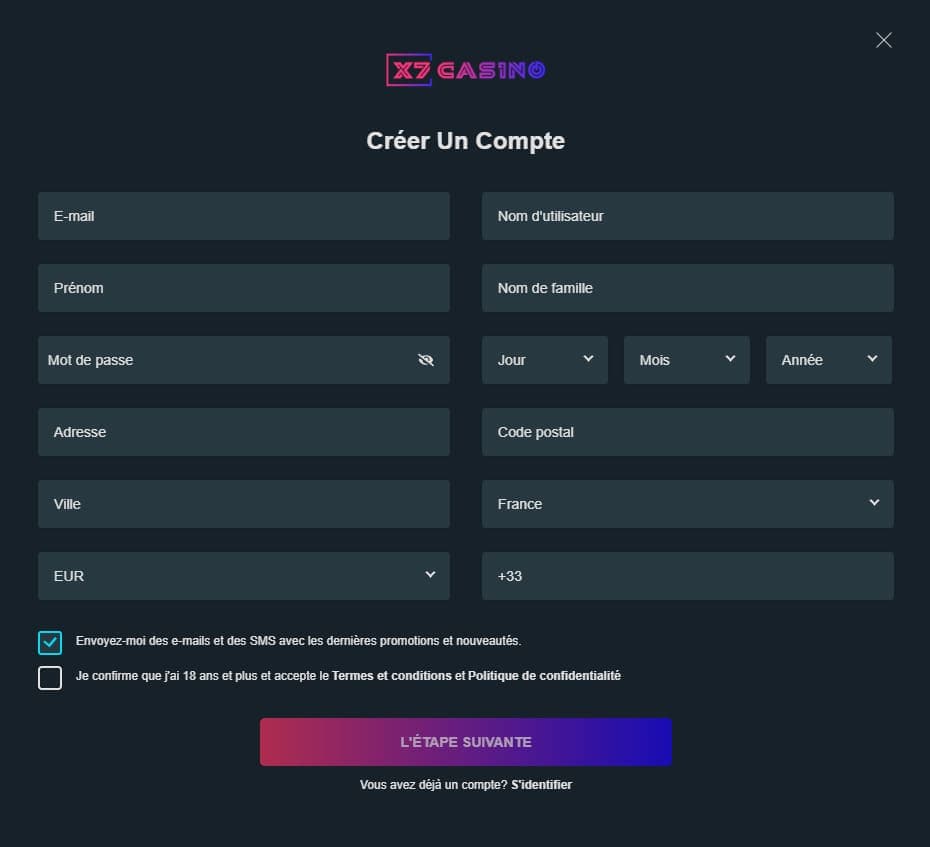 Inscription X7 casino
