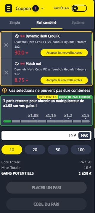 Exemple pari Yonibet