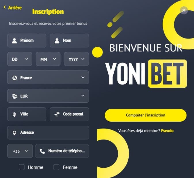 Inscription étape 2 Yonibet