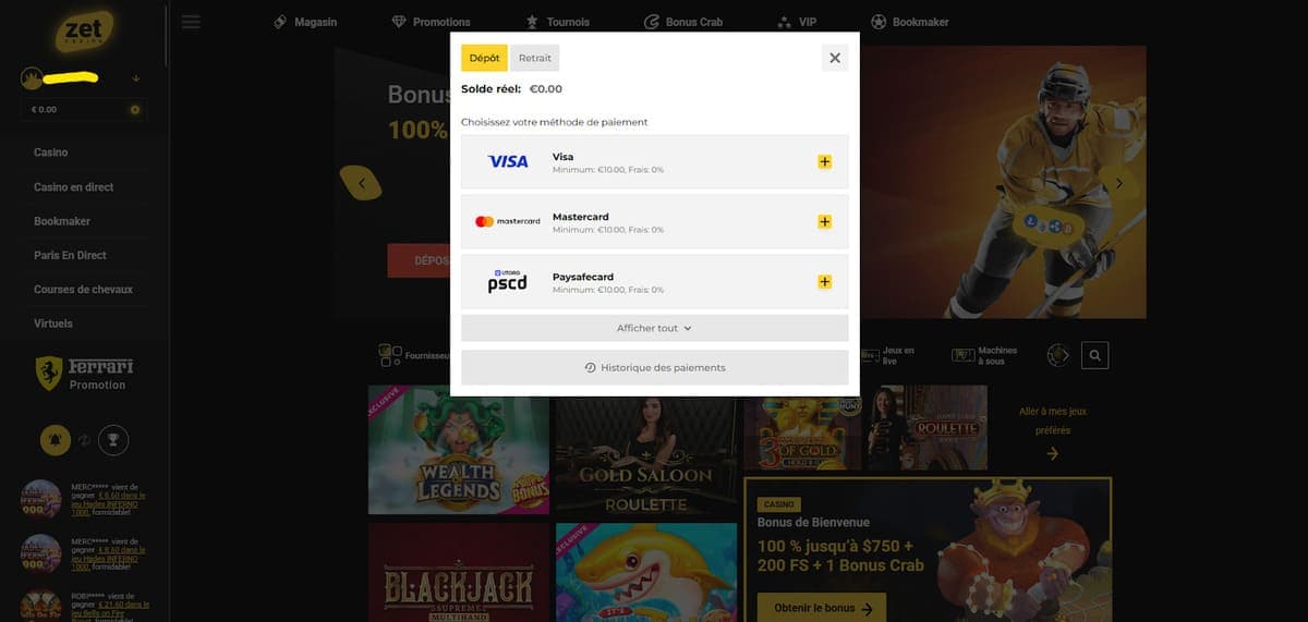 Dépôt Zet Casino