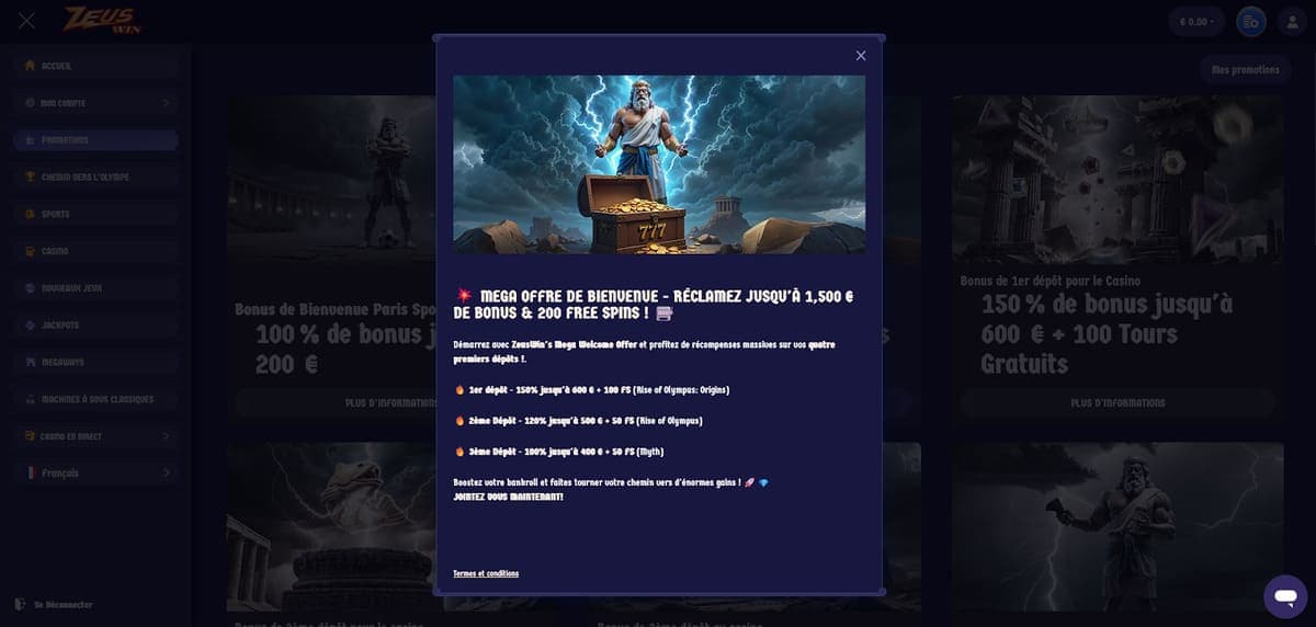 Bonus bienvenue ZeusWin Casino