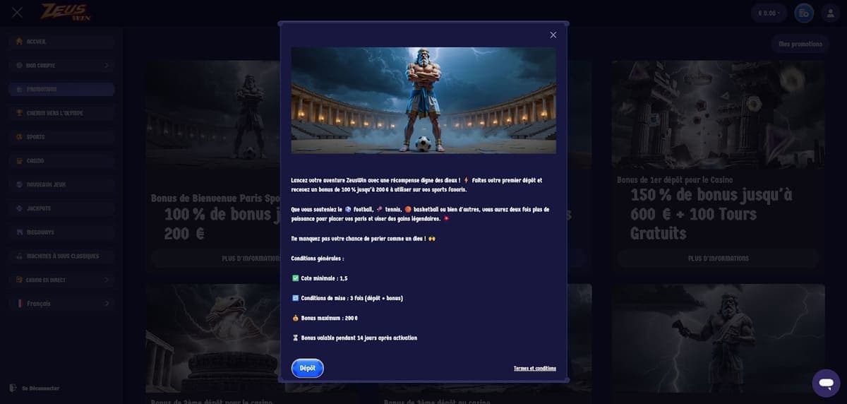 Bonus sportif ZeusWin Casino