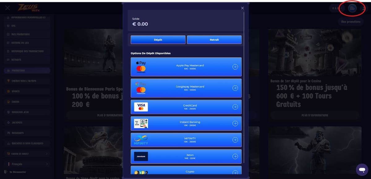 Dépôt ZeusWin Casino