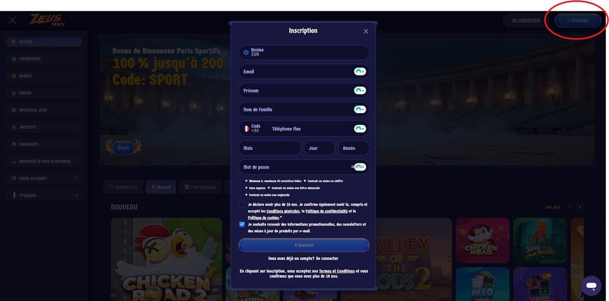 Inscription ZeusWin Casino