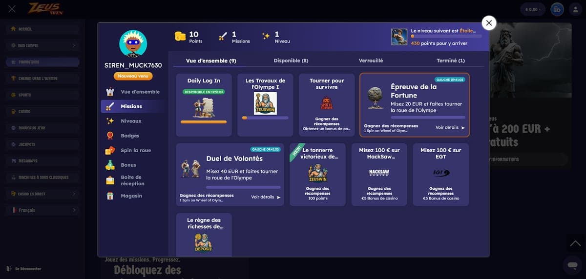 Missions ZeusWin Casino