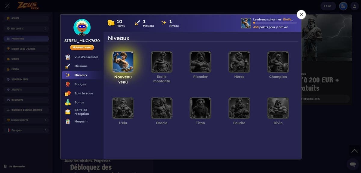 Niveaux ZeusWin Casino