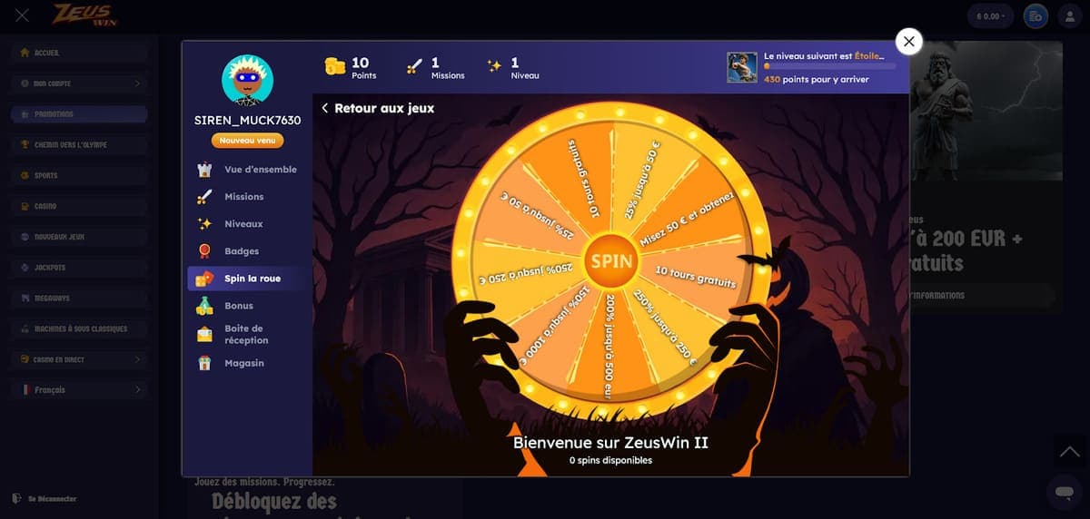 Roue de l'Olympe ZeusWin Casino