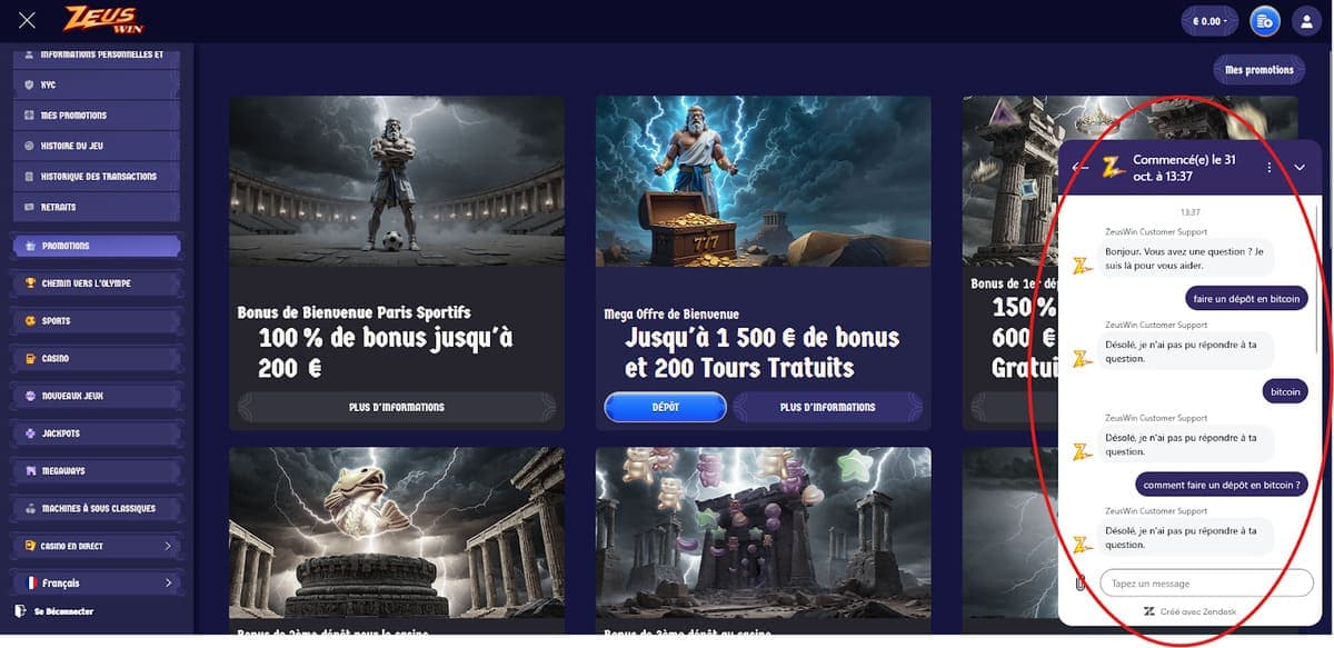 Service client ZeusWin Casino