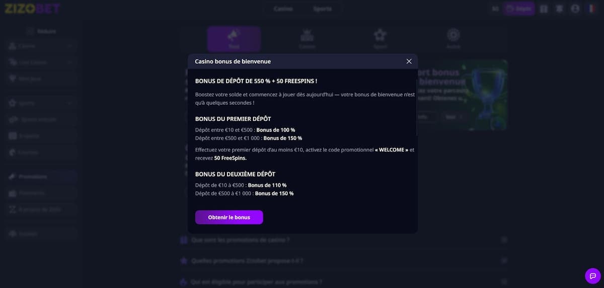 Bonus bienvenue Zizobet Casino