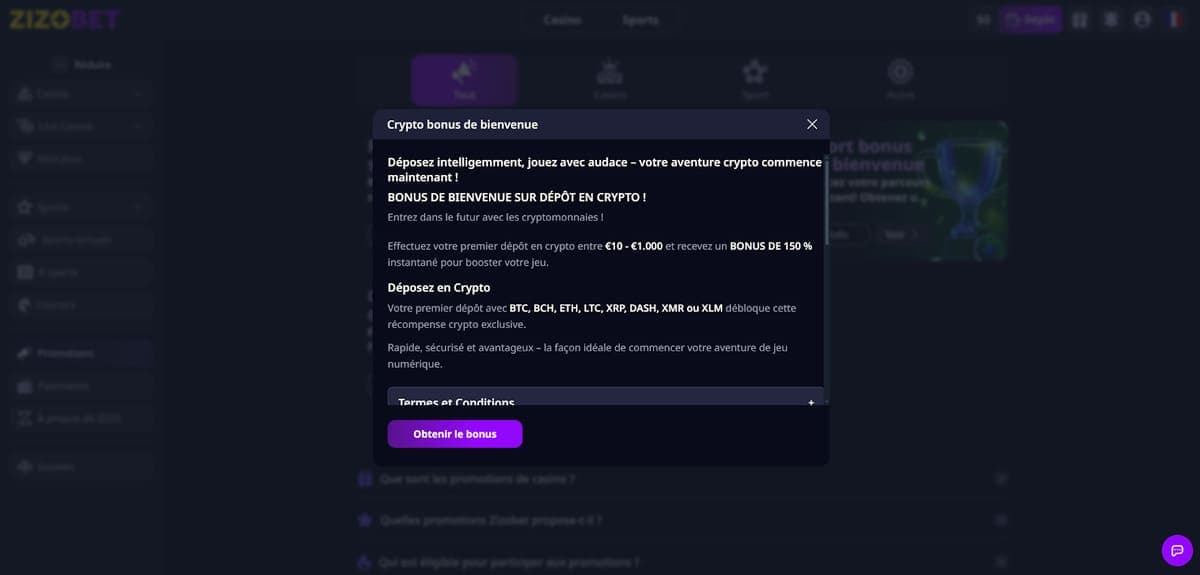 Bonus crypto Zizobet Casino