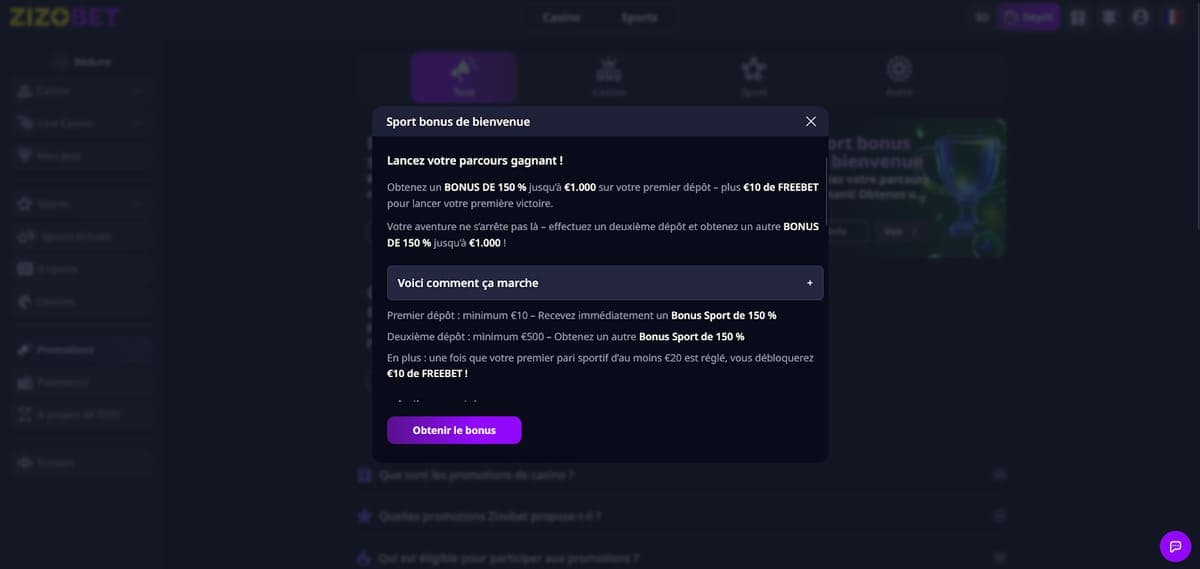 Bonus sport Zizobet Casino
