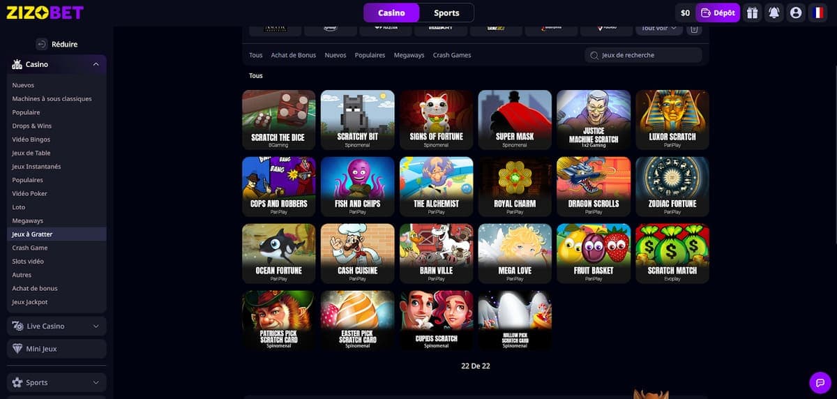 Jeux à gratter Zizobet Casino
