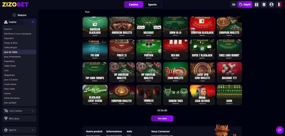 Jeux de table Zizobet Casino
